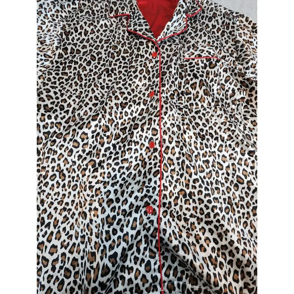 Kathryn Leopard Print Pajama Set XL Satin‎ Feel Red Trim Button Front Lounge